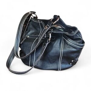 Tiganella Soft Black Full Grain Leather Shoulder Bag With Contrasting Stitch